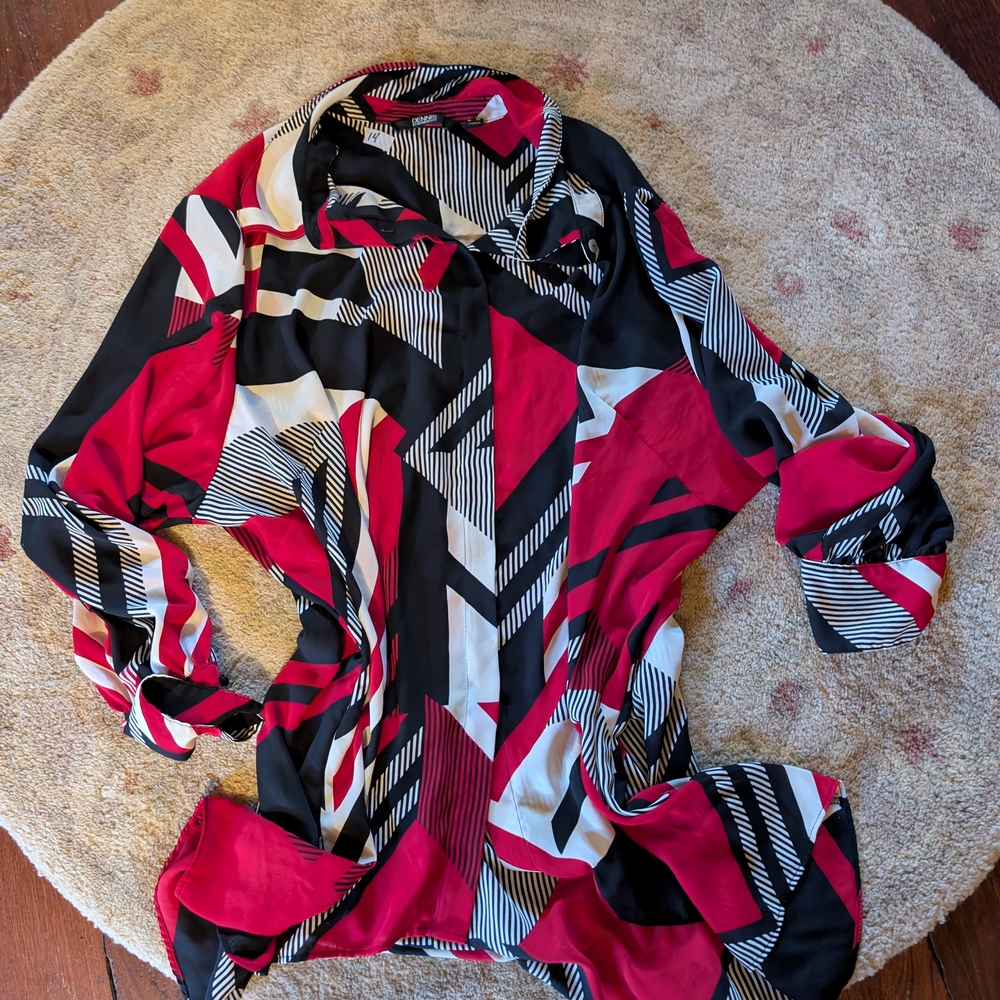 Dennis Basso Red and Black Geometric Blouse
